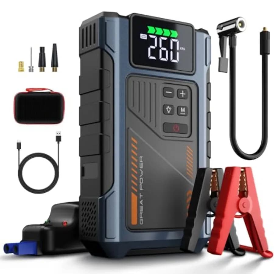 Caricabatterie per Auto con Avviatore d'Emergenza e Compressore d'Aria, 4500A, Cavi di Avviamento Portatili con Batteria 12V