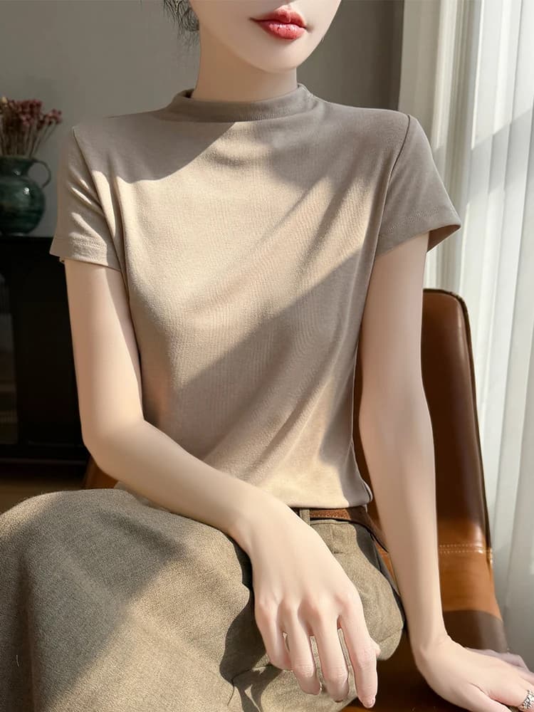 Slim Fit Knitted Short Sleeve T-Shirt Half High Neck Conceal Meat Show Thin Comfortable mid Neck Correct Shoulder Thin Style ...