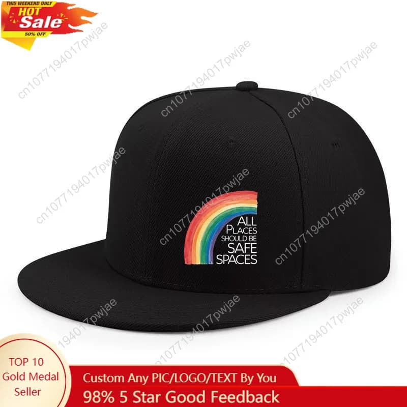 Adjustable snapback baseball cap with rainbow written print and "ALL PLACES SAFE SPESCES" - Unisex urban streetwear hat for breathable