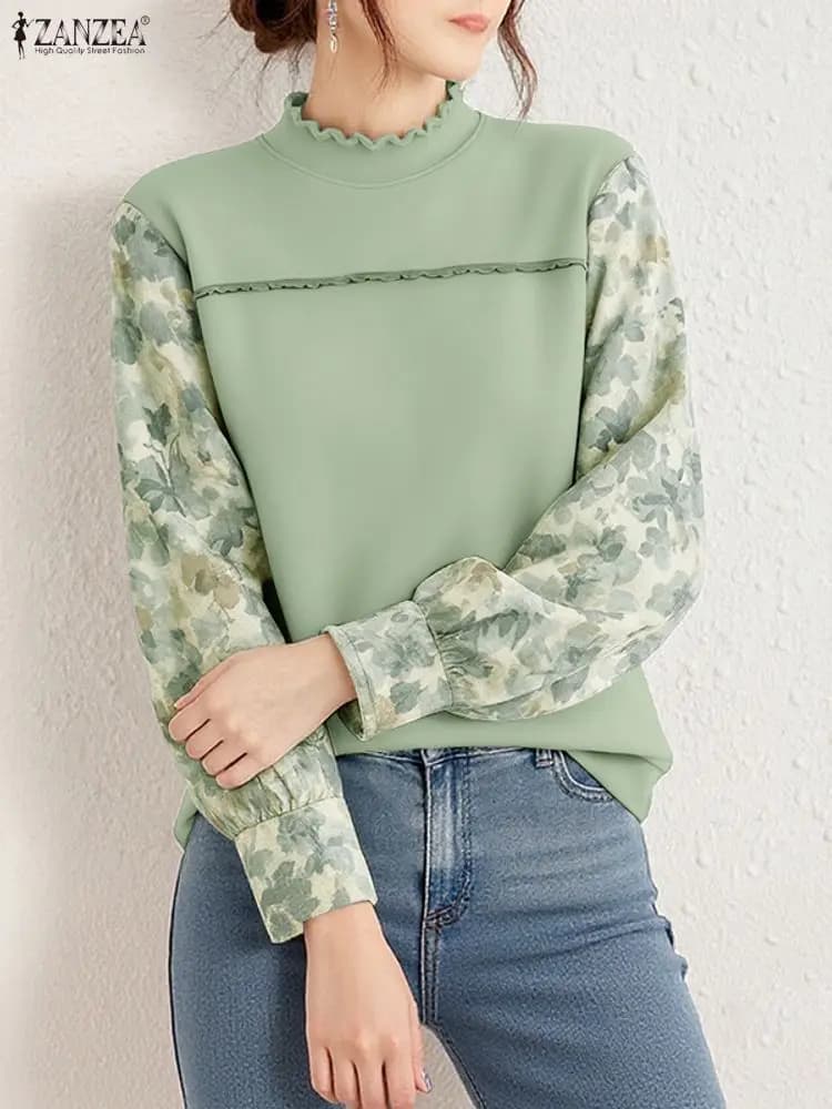 2025 ZANZEA Autumn Office Shirt Stylish Work Shirt Woman Long Sleeve Printed Floral Top Stand Collose Working Blusas Women's Chemise
