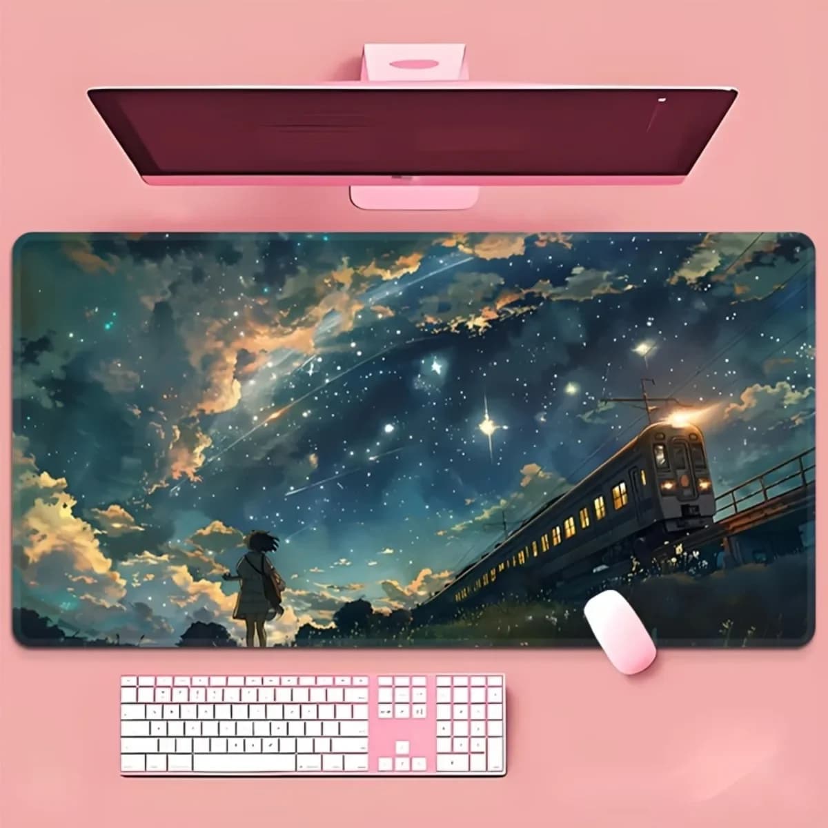 1pc Rubber Decorative Mouse Pad Summer Train Night Sky Theme Non-Slip Stitched Edges Mat for Office Desktop & Gaming