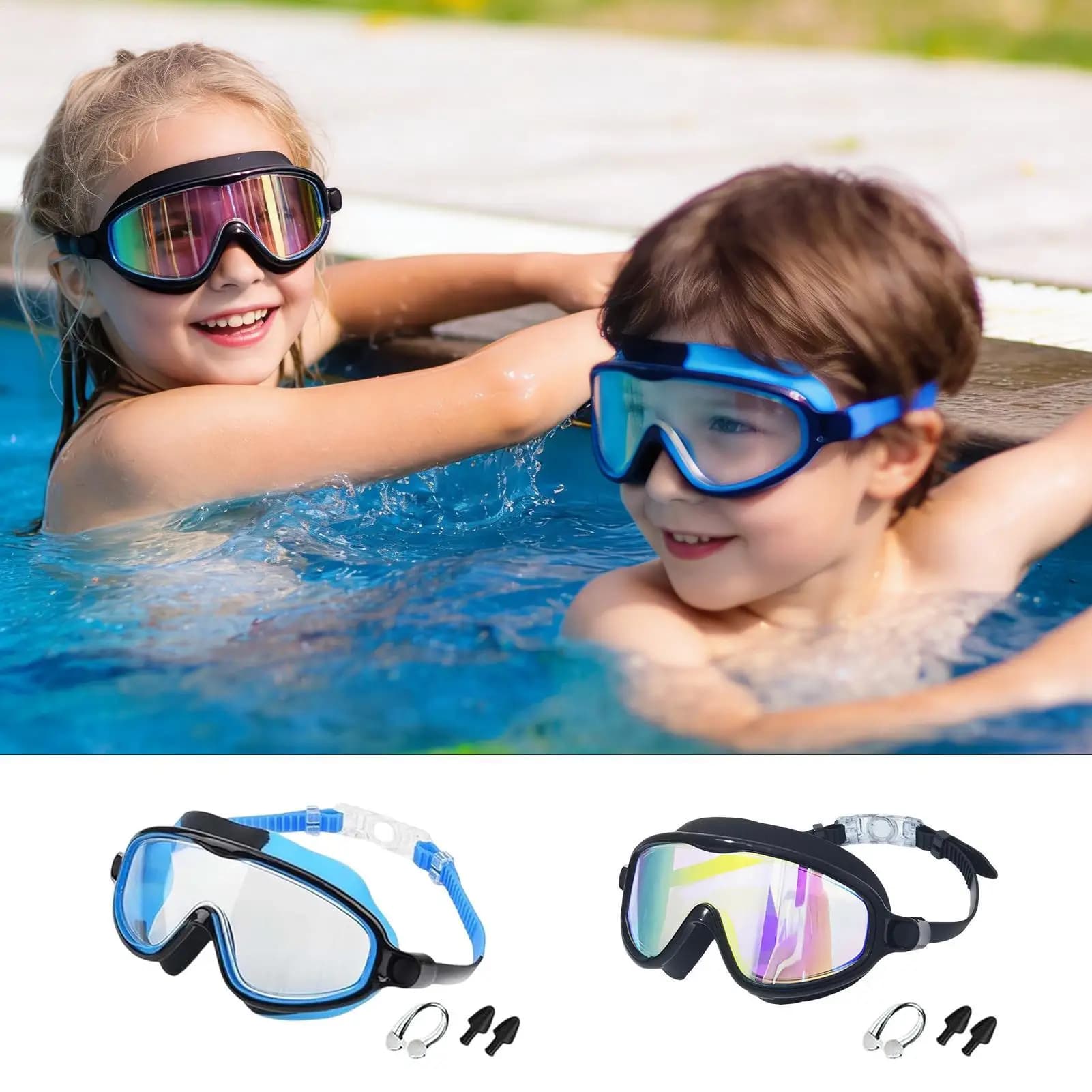 Occhialini da Nuoto per Bambini con Clip Nasale e Tappi per le Orecchie, Antiappannamento e Impermeabili, per Ragazzi e Ragazze, Piscina, Spiaggia, Snorkeling, Immersioni, Sport Acquatici, Estate