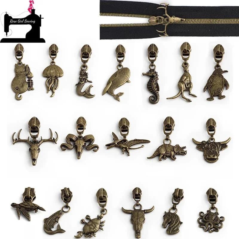10/50 pezzi animali/ceani in bronzo 5 # Estrattore per cursore per cerniera in metallo in nylon per cucito fai da te, borse per indumenti, borse, accessori per testa con cerniera