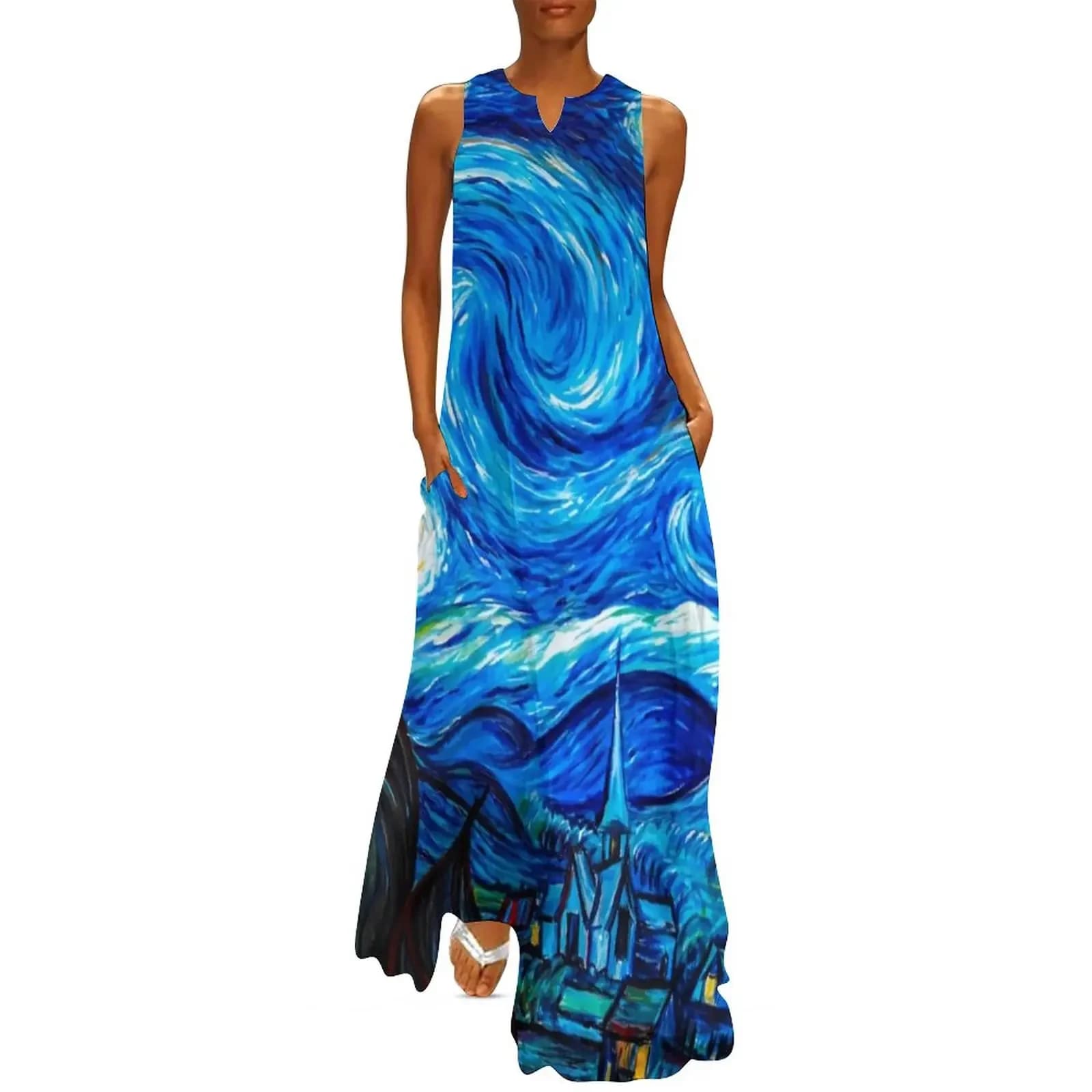 Robe Women Dress Starry Night Gifts Modern Maxi Dress Fashion Bohemia Long Sleeveless Dress With V-neck Pattern Summer Dress