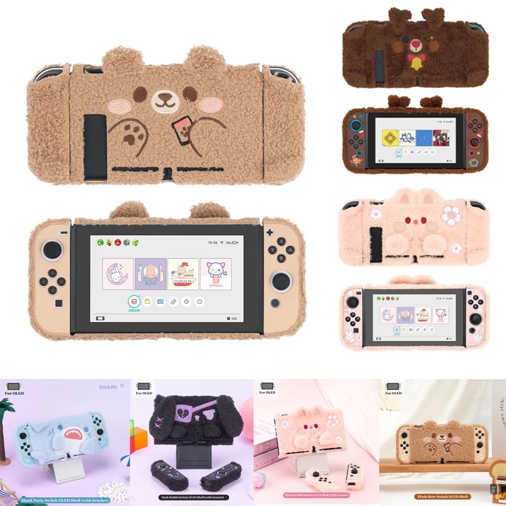 Geekshare Guscio protettivo invernale in peluche compatibile con Nintendo Switch o Switch Oled Cute Bear Bunny Elk Custodia regalo di Natale
