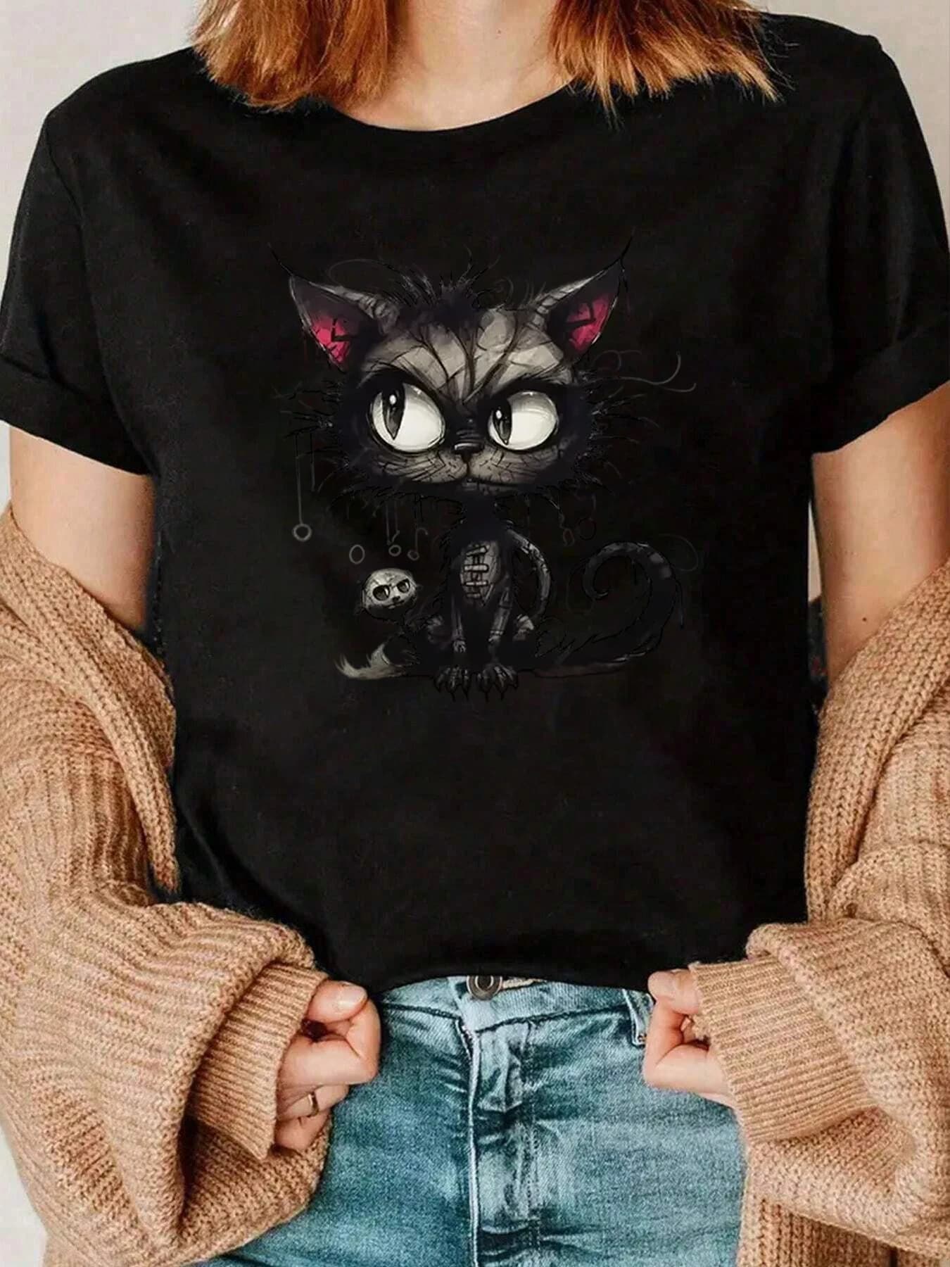 Maglietta con stampa gatto e teschio Abbigliamento casual da donna 220g
