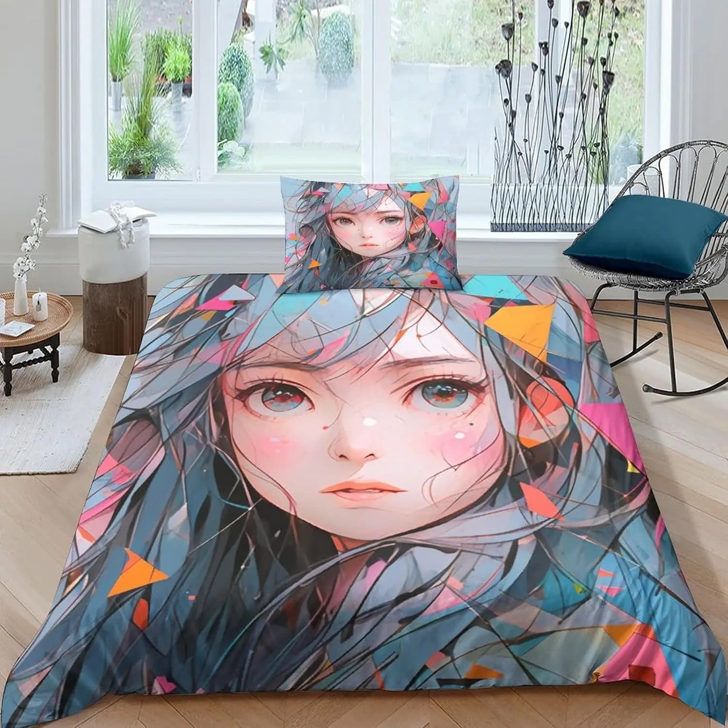 Anime Girl Bedding Set Blue Hair Pink Eyes Hypoallergenic 3D Printed Duvet Cover Set 3pcs Ultra Soft Quilt Cover Twin King