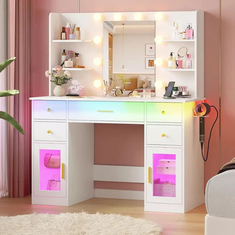 Illuminated toe with Mirror, USB Charging, 5 Drawers, 4 Shelves and Support for Hairdryer
