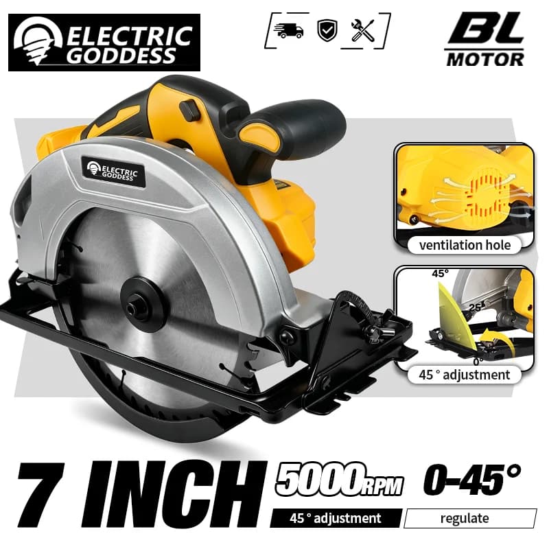 Sega Circolare Gialla Senza Fili da 7 Pollici, 5000 Giri/min, Motore Brushless, Taglio Multi-Angolo, Utensile Elettrico per Lavorazione del Legno, Compatibile con Batteria Dewalt 20V