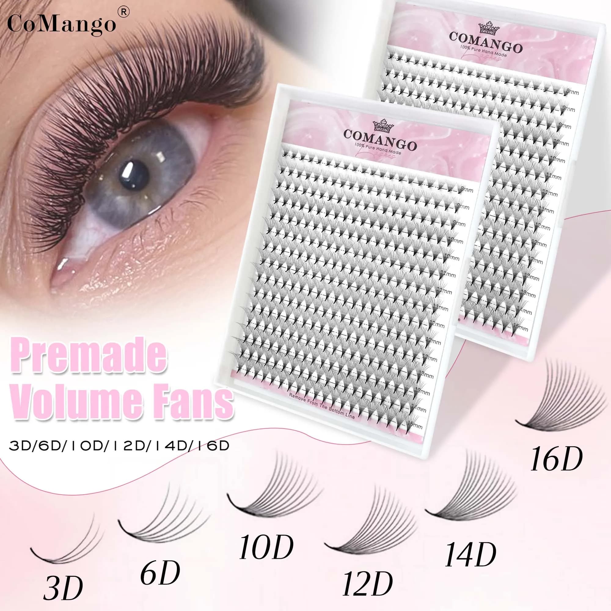 CoMango 300PCS Prepacked Volume Fans 3D/6D/10D/12D/14D/16D 0.05/0.07mm Soft Slim Eyelash Extensions Mixed Tray