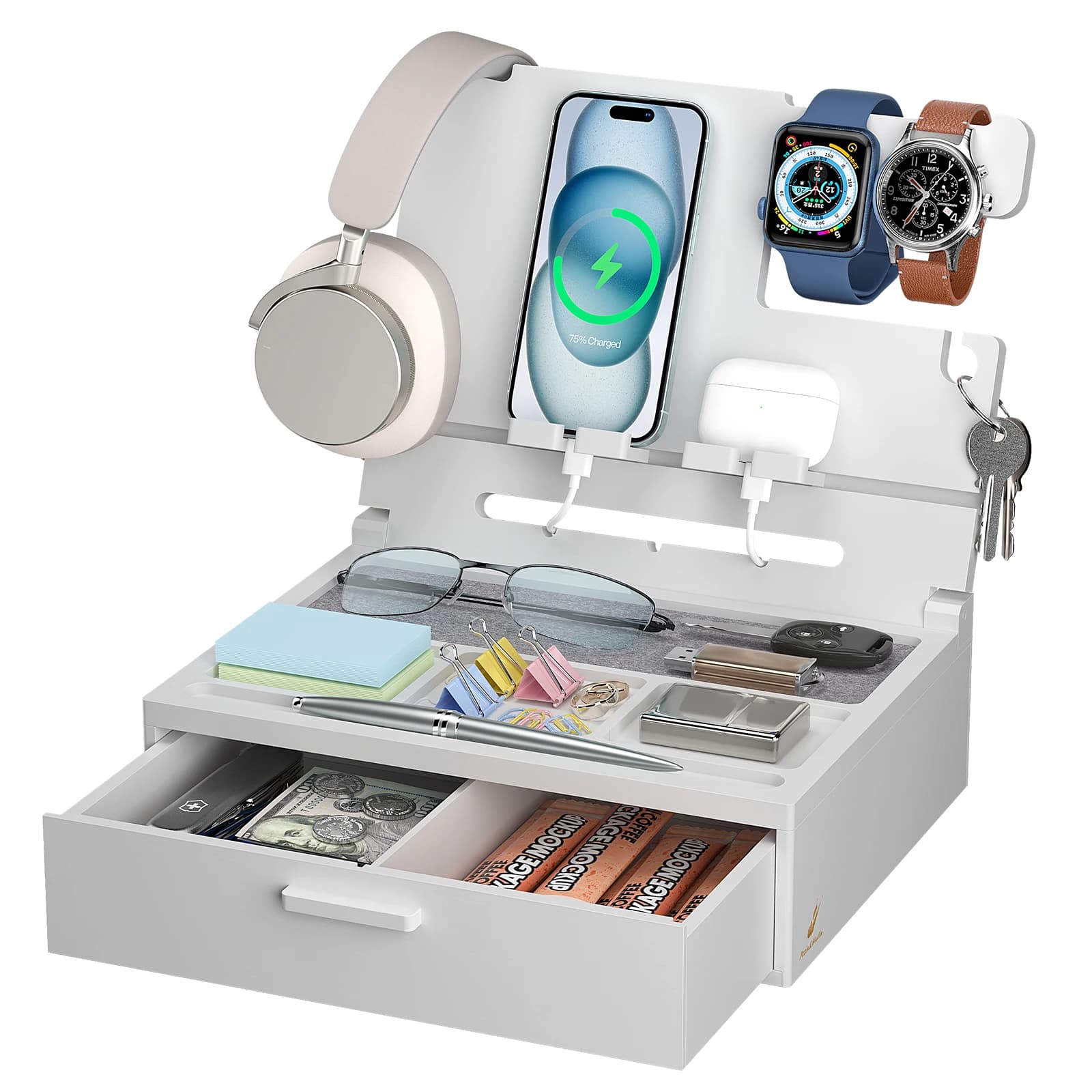 Bamboo Nightstand Charging Organizer with Drawer Foldable Phone Docking Station for Men Bedside Tablets & Watches Stand Holder