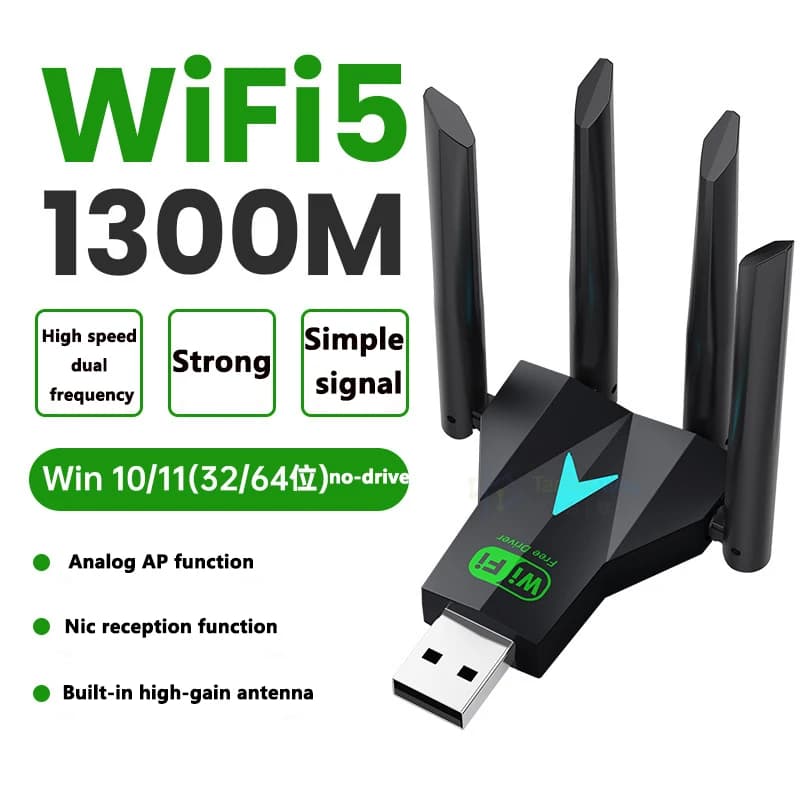 Scheda di rete wireless Pop 1300Mbps Adattatore USB WiFi USB 3.0 Dual Band 2.4G/5Ghz Dongle Wi-Fi 4 Antenna Ricevitore wireless per PC/