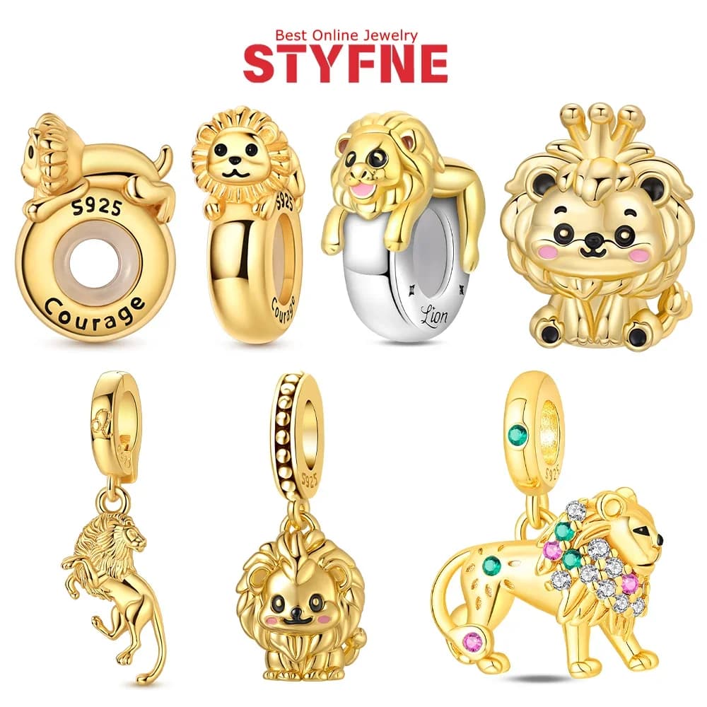 Ciondoli a forma di leone in argento sterling 925 con perline animali dorate, adatti per bracciali, borse, portachiavi, collane, gioielli a tema animale per donna, idea regalo
