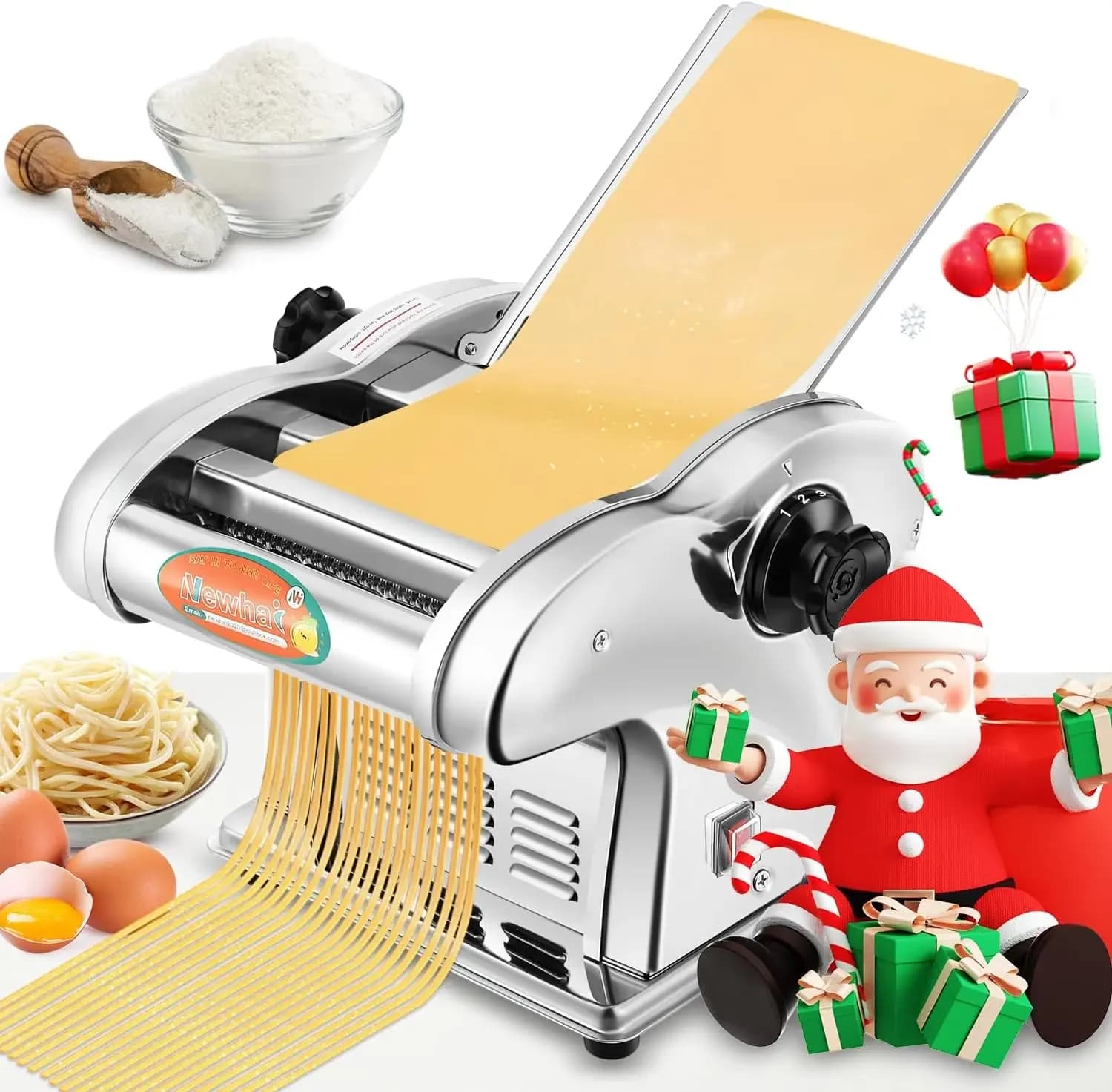 Macchina Elettrica per Pasta, Impastatrice per Pasta Fresca, Rullo per Impasto, Tagliapasta per Spaghetti 2.5mm, Pasta Larga 4mm, Fettuccine 9mm, 110V US