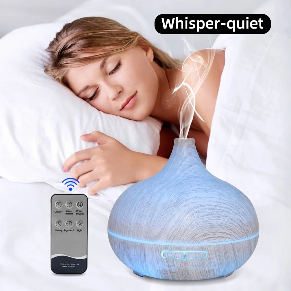 Diffusore e umidificatore per aromaterapia con venature del legno da 550 ml aggiornati, telecomando, 6 oli essenziali, silenziosi per il sonno, relax