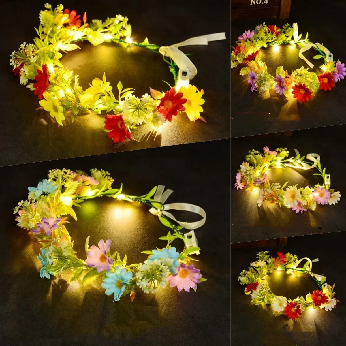 LED Light Up Flower Crown Headband Luminous Floral Wreath Headpiece for Kids Adults Wedding Party Hair Accessories Photo Props