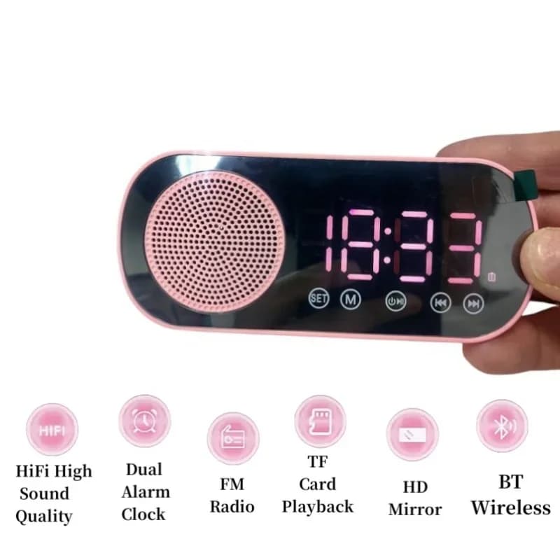 Sveglia Digitale a Specchio USB con Timer, Supporto TF, Radio FM, 2 Allarmi, Altoparlante Wireless, Subwoofer, Lettore Musicale da Scrivania