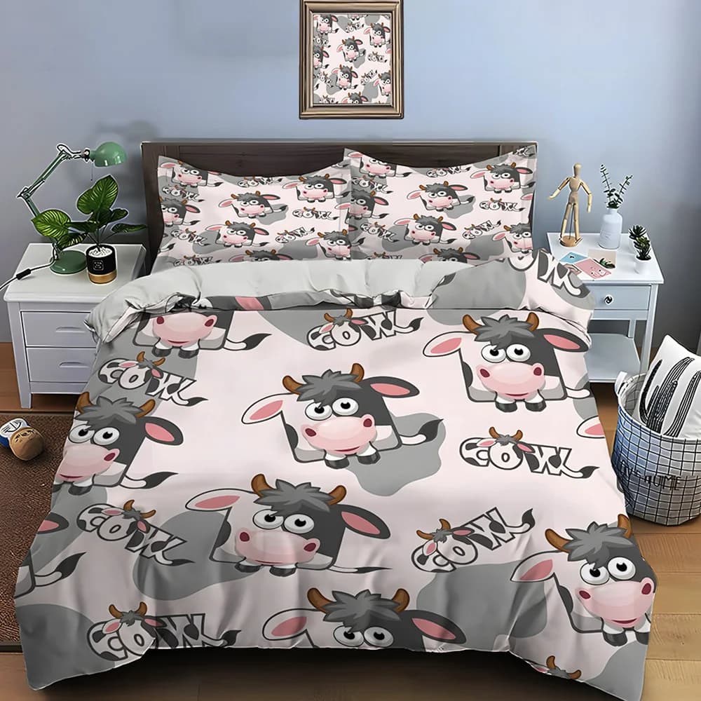 Set copripiumino con motivo simpatico mucca dei cartoni animati, stampa digitale, biancheria da letto colorata in poliestere con chiusura a cerniera, per regali per bambini