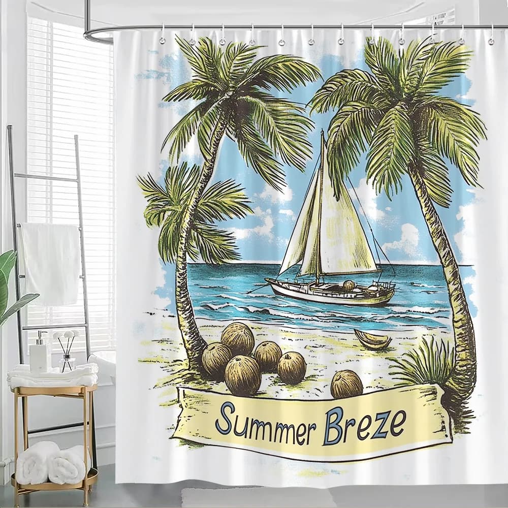 Tenda da doccia da spiaggia tropicale Summer Breeze da 1 pezzo - Design vintage per barche a vela, palme e onde dell'oceano - Bagno grande da 70,8x70,8 pollici