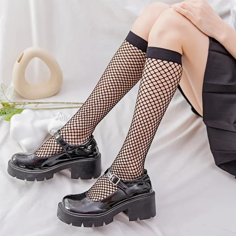 Mesh socks Mesh calf socks medium length hollow style JK Sweet Girls Long socks white black Socks and women's socks