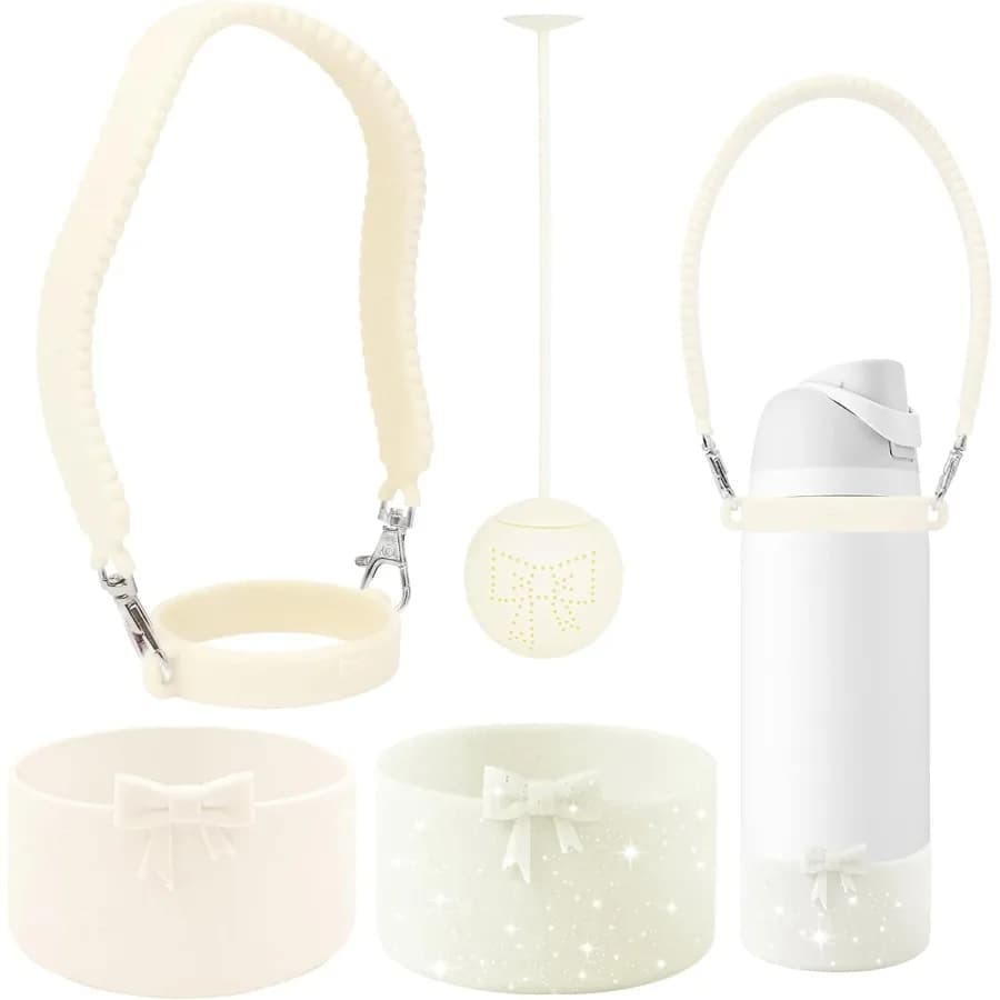 Set di accessori per bottiglie d'acqua con fiocco in silicone per bottiglie d'acqua da 32 once, inclusa stivali in silicone con cinturino per bottiglia d'acqua in silicone