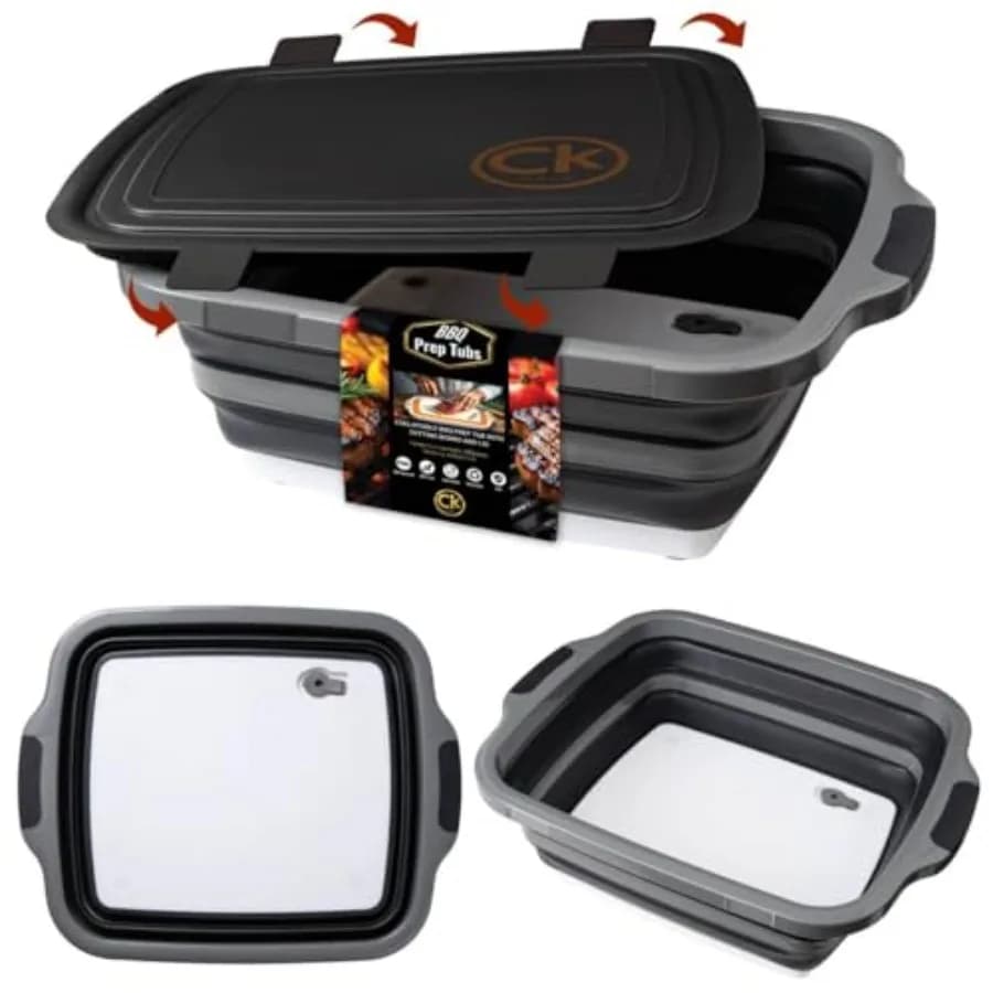 Nuova Vasca Pieghevole XL per Preparazione BBQ con Coperchio Bloccabile, Tagliere e Foro di Drenaggio, Contenitore per Marinatura Salvaspazio Senza BPA e di Grado Alimentare