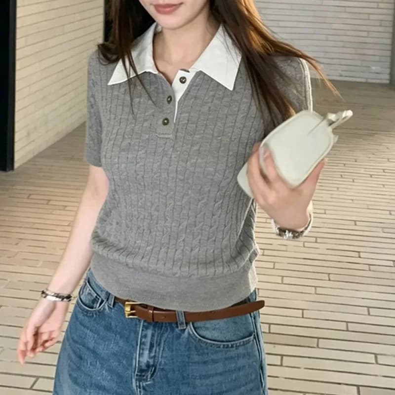 Women Clothing Knitted Sweater Women Pullovers New Summer Short Sleeve Turn Down Collar Knit Sweater Pullover Women Tops Q5229