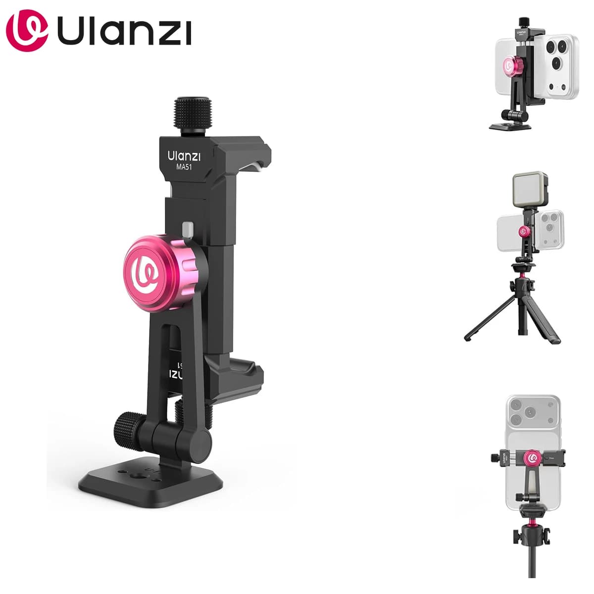 Ulanzi MA51 MA61 Supporto per telefono con clip per staffa a sgancio rapido 360 ° Supporto girevole da 180oTilt per supporto treppiede per riprese su smartphone