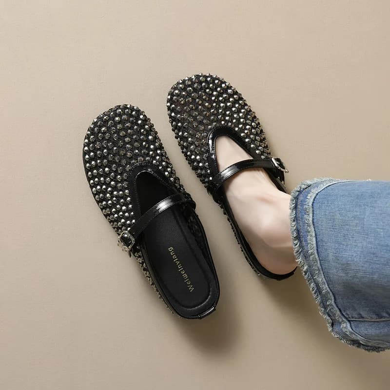 Mezze pantofole a rete traspiranti in rete con strass da donna Moda versatile antiscivolo con suola morbida Mary Jane Mules Scarpe per donna 42