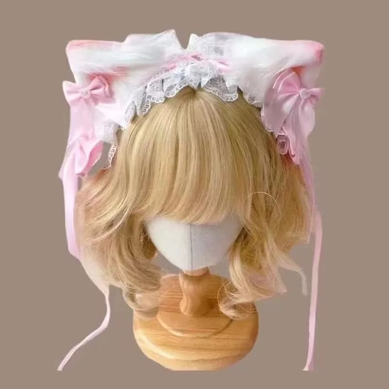 Cerchietto per capelli con fiocco per orecchie di gatto per donna Copricapo in pizzo dolce Cosplay Fasce per anime Simpatiche orecchie di peluche Accessori per capelli a nastro