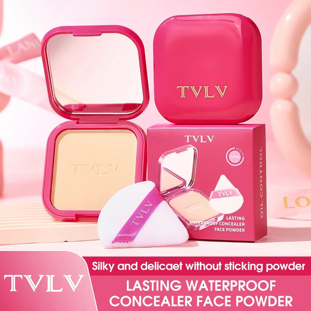 TVLV Cipria Correttore Lunga Durata Impermeabile, Trucco Naturale, Copertura Totale, Controllo Olio, Non si Agglomera, Cipria Compatta Fissante