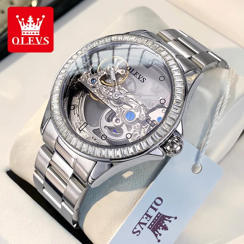 OLEVS orologi da donna di lusso con quadrante grande trasparente cinturino in acciaio inossidabile orologio meccanico automatico impermeabile marchio originale