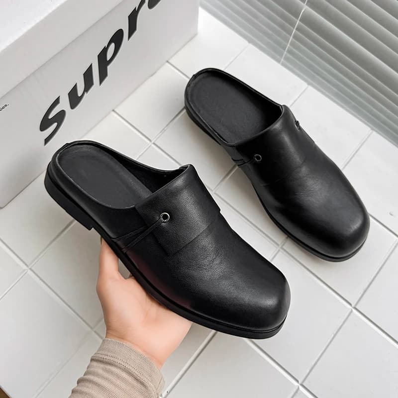 Large Size Mules Half Shoes For Men Leather Backless Casual Shoes Luxury Loafers Slippers Summer Open-back Slides Sandals