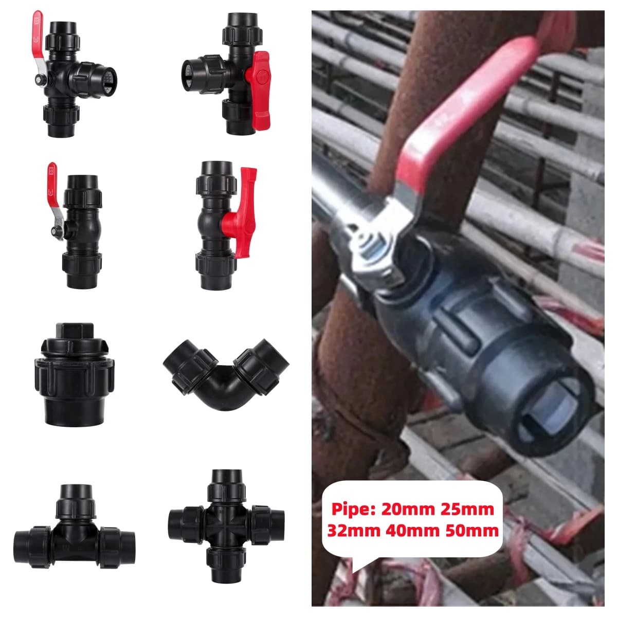 1Pc PVC PE Tubo Rubinetto Acqua Splitter 20/25/32/40/50mm Plastica Valvola Rapida Giunto Agricoltura Irrigazione Acqua Raccordi Per Tubi Nero