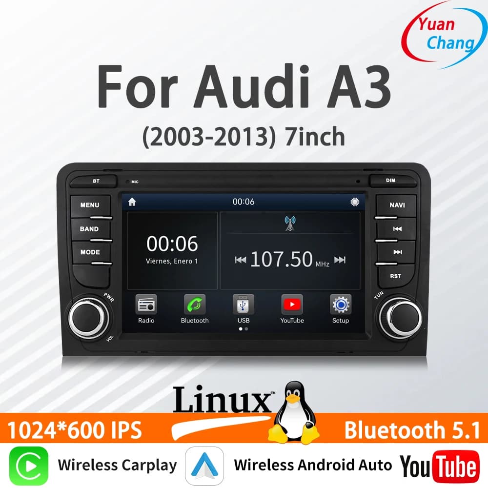 Adatto per Audi A3 7 pollici Nuovo Linux Car Stereo Wireless CarPlay Android Auto FM DSP Lettore multimediale Bluetooth