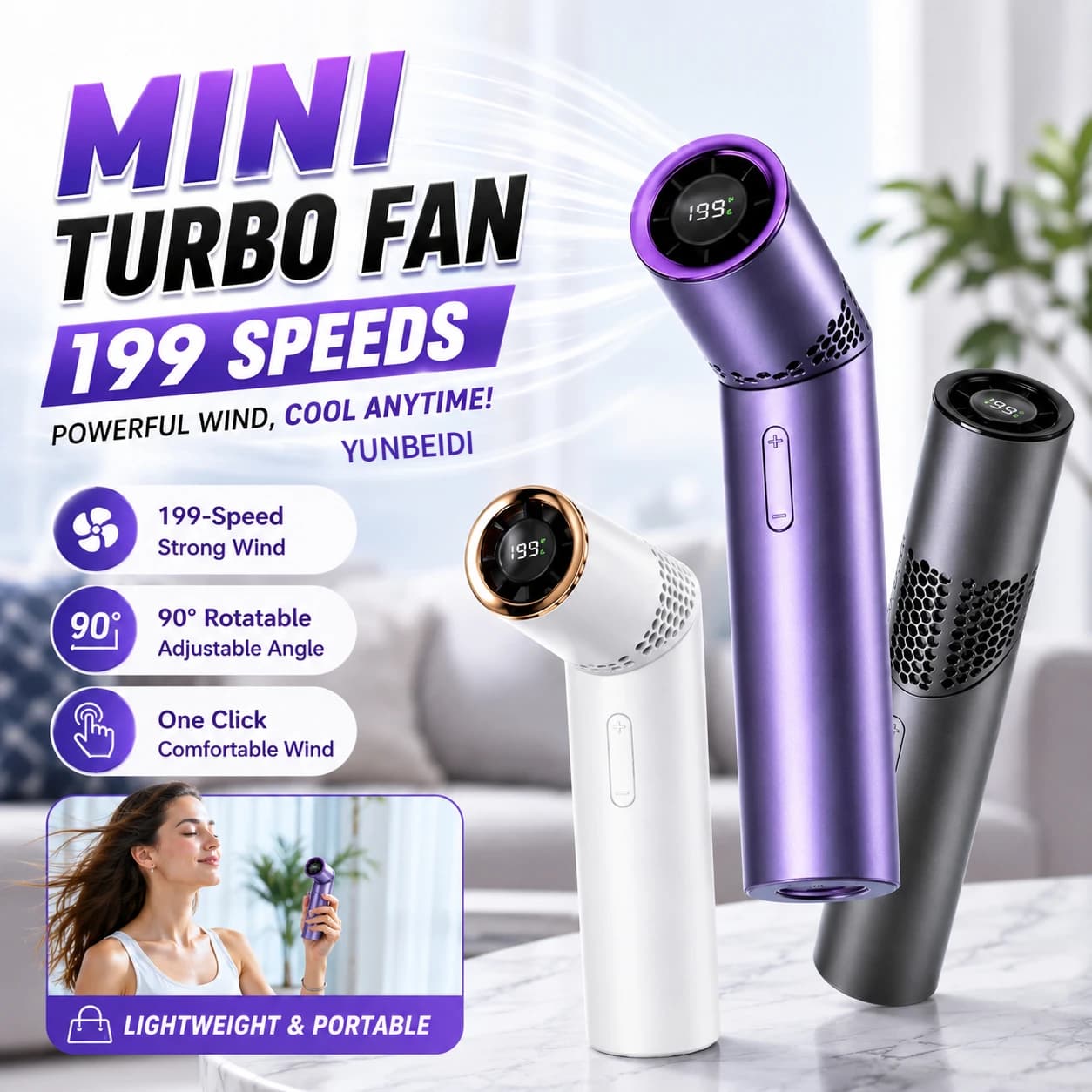 Ventilatore Portatile a Forma di Rossetto, Mini Ventilatore Pieghevole da Mano/da Appendere al Petto con Luce LED, 199 Velocità Regolabili, Alta Velocità, Batteria 3000mAh