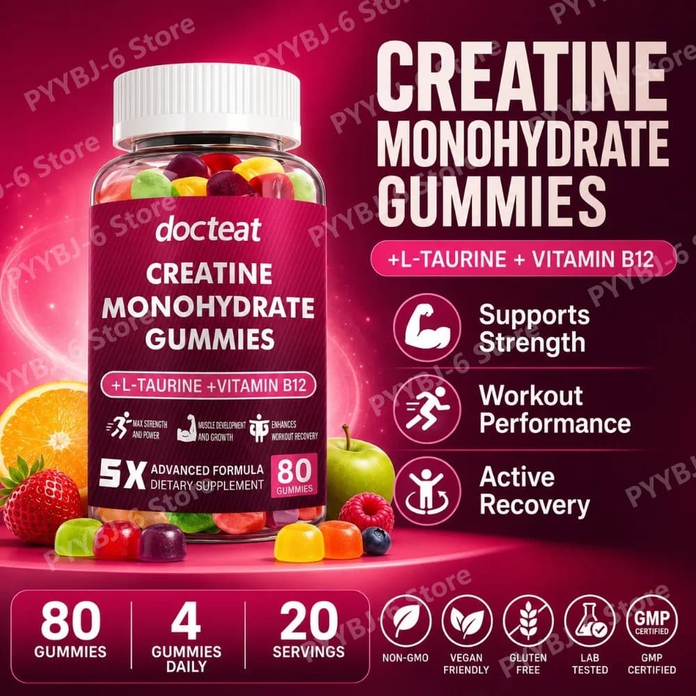 Creatina Monoidrato in Gommose 80 Pezzi con Taurina e Vitamina B12, Integratore Sportivo Masticabile per Supporto Muscolare ed Energetico