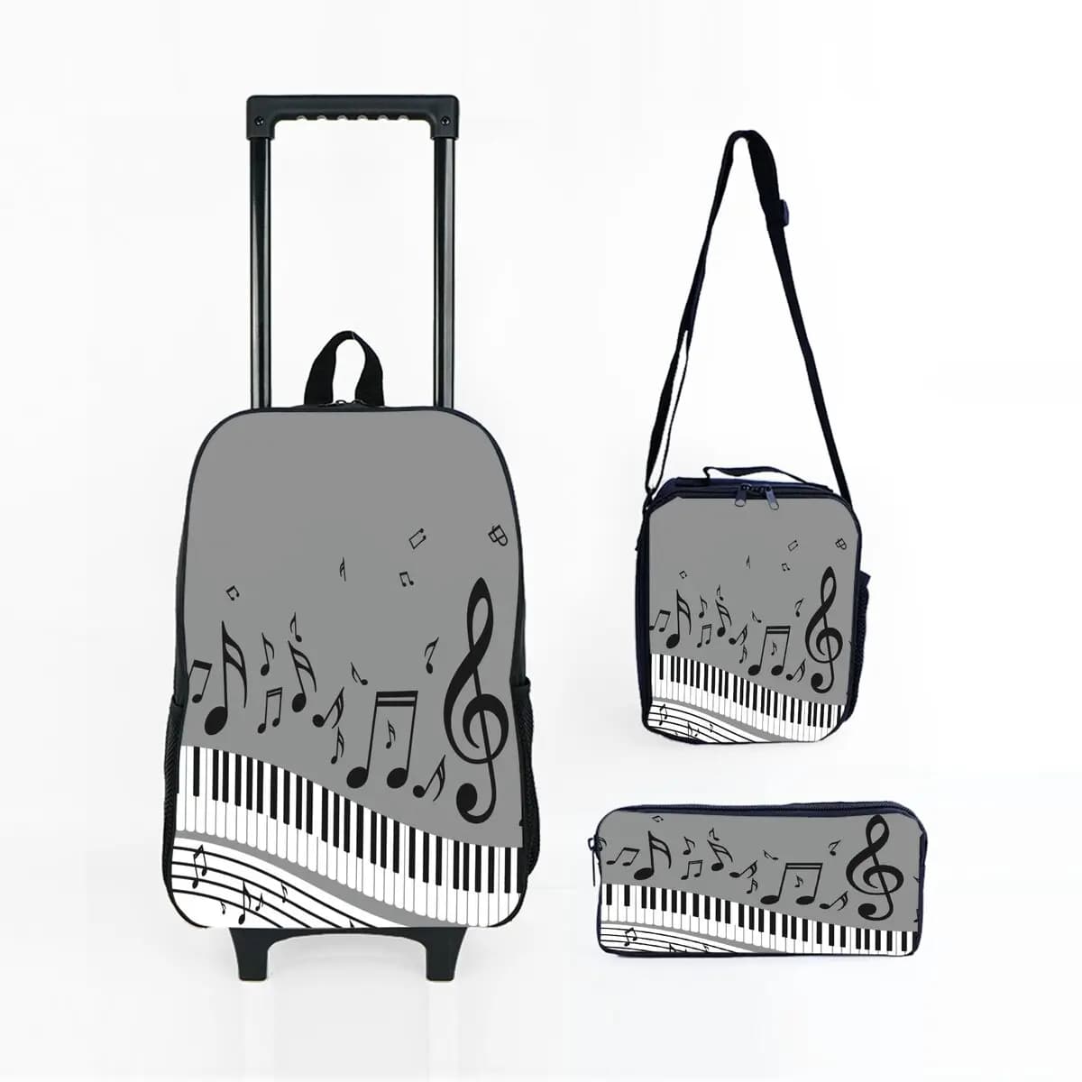 Piano Note Print Children's Wheeled Rolling Bag Set with Lunch Box Pen Bag with Wheels School Trolley Backpack Bag for Girl/Boys