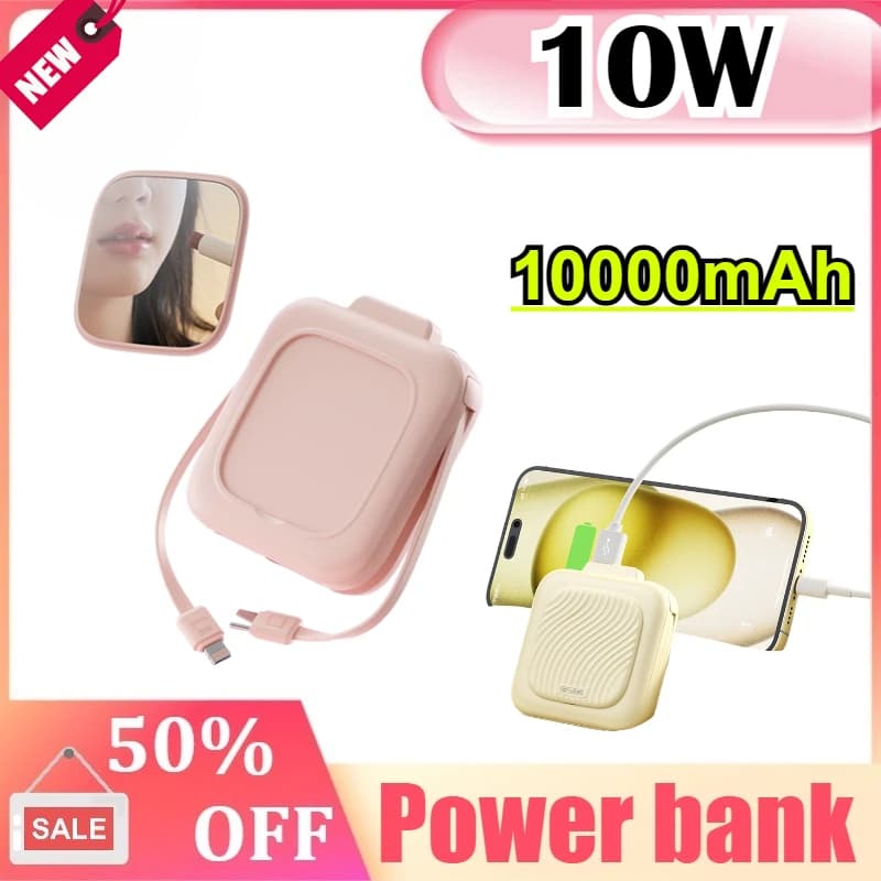Certificazione 3C Power Bank portatile da 10000 mAh con cavo integrato e specchio per il trucco compatto comodo da trasportare per iPhone