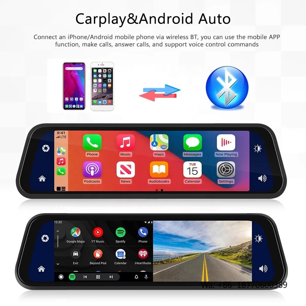 Podofo 9.66'' Dash Cam a Doppia Lente Anteriore e Posteriore, Schermo Touch IPS HD, Specchietto Retrovisore DVR con Carplay Wireless e Android Auto, BT, Controllo Vocale AI