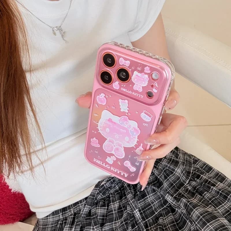 Cute Pink Fudge Hello Kitty Pink Hello Kitty Holder Phone Case for IPhone 15 16 17 Pro Max Shockproof
