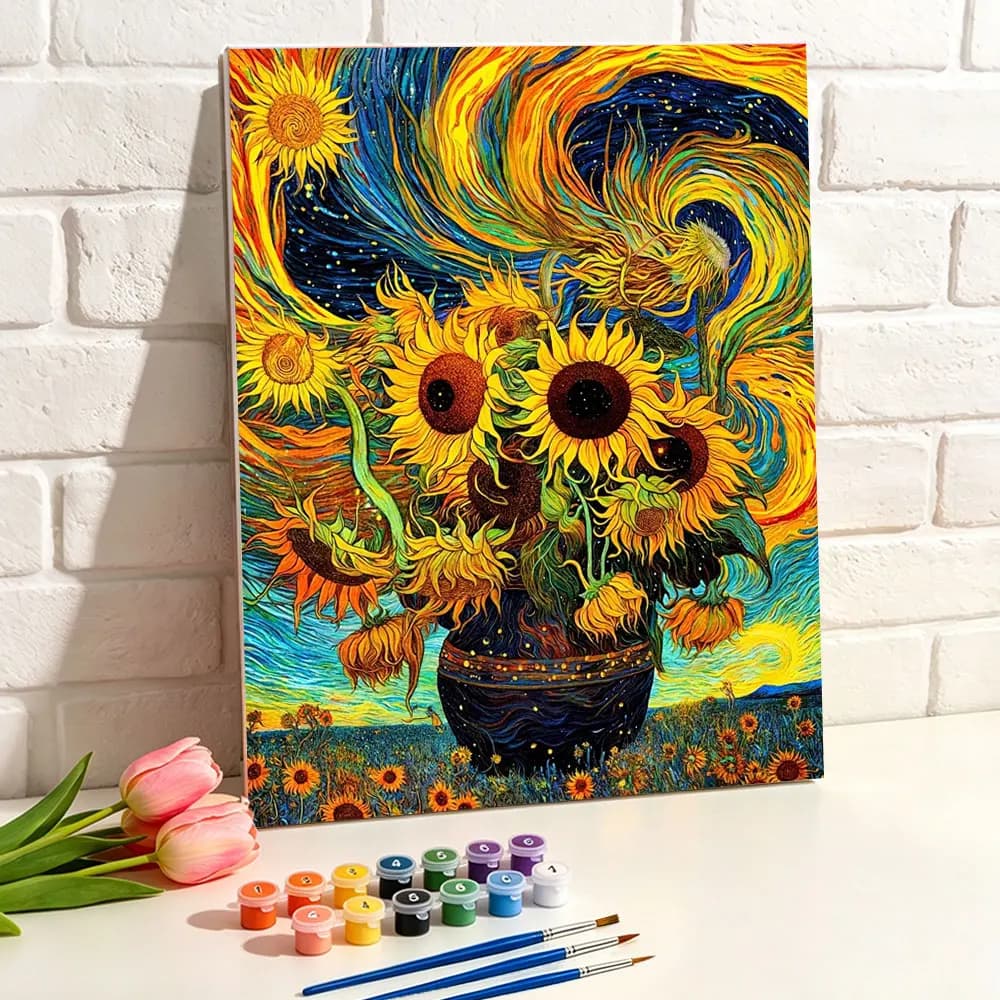 Paint By Adult Numbers Sunflowers Starry Sky Flower Landscape Arts Crafts Paints Paintings On Number For Drawing Oil Art