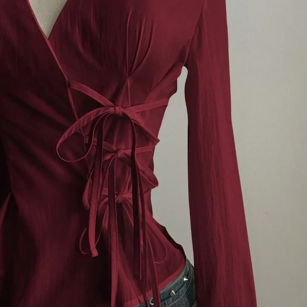 Sweet Long-sleeved Slim Fit Shirt V-neck Y2K Women Tie-Waist Shirt Harajuku Office Aesthetic Blouse Spring Summer