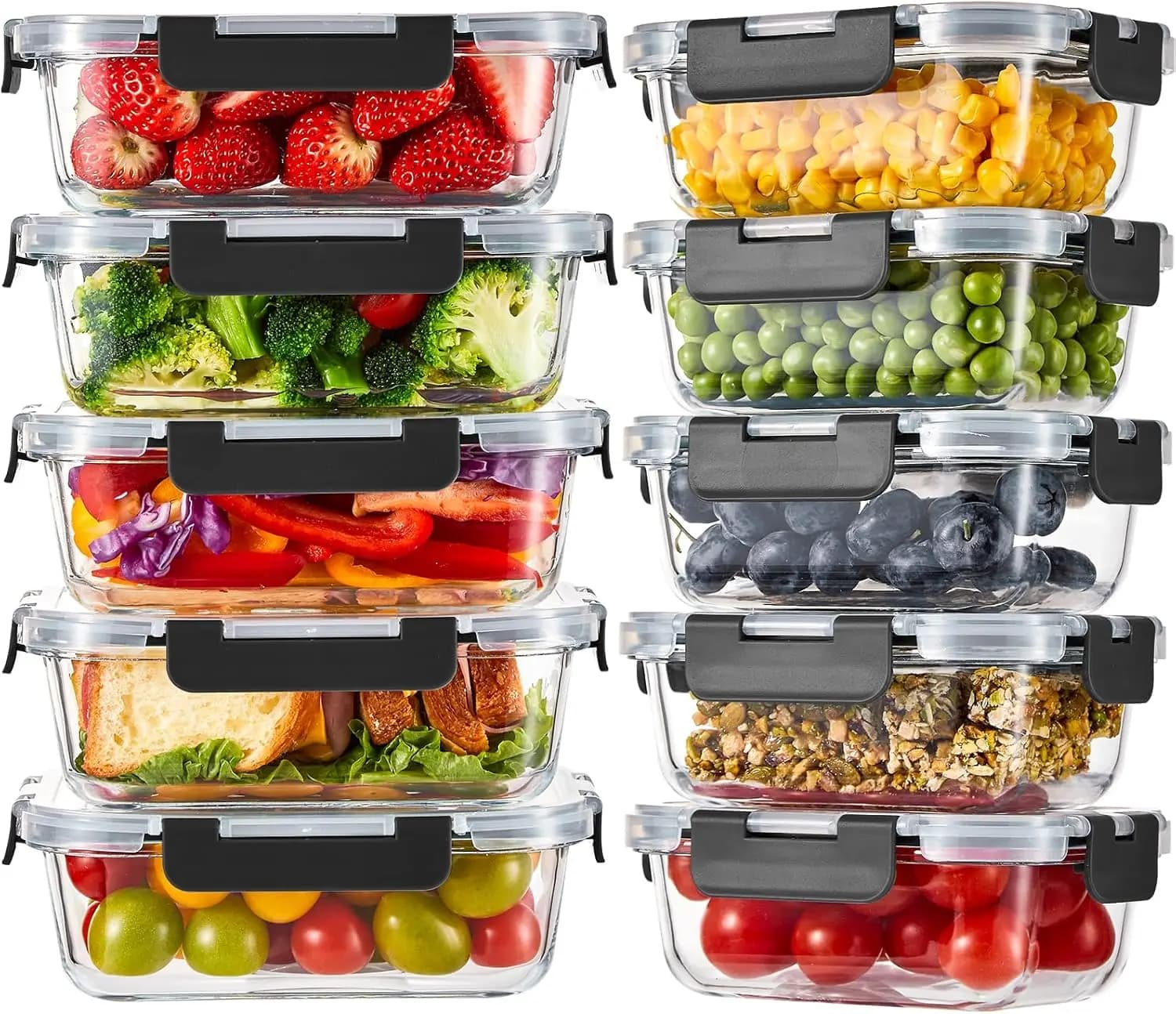 Set di 10 Contenitori in Vetro per Alimenti con Coperchi, Contenitori per Preparazione Pasti, Scatole Bento Ermetiche con Chiusura Antiperdita
