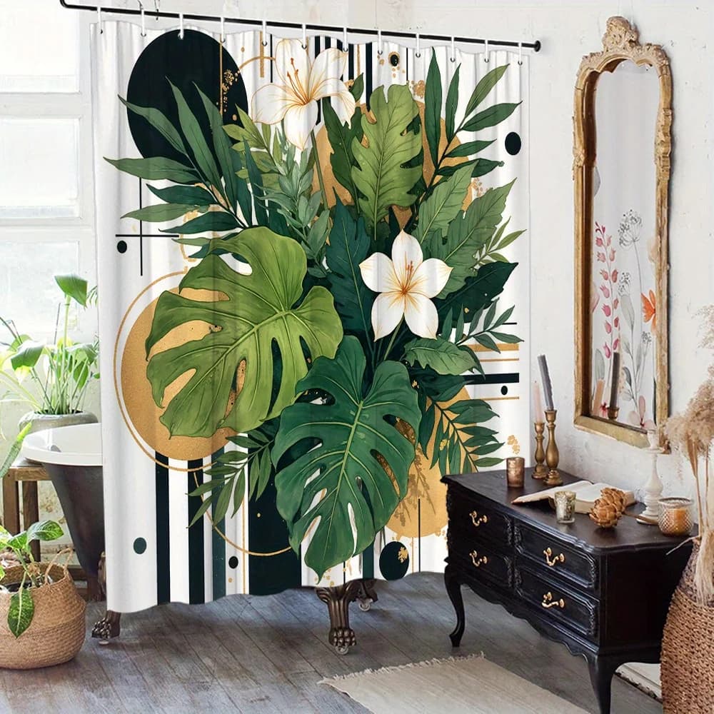 Abstract Geometric Gold Line Monstera Palm Leaf White Lily Print Shower Curtain Waterproof Mildew Resistant With Plastic Hooks E