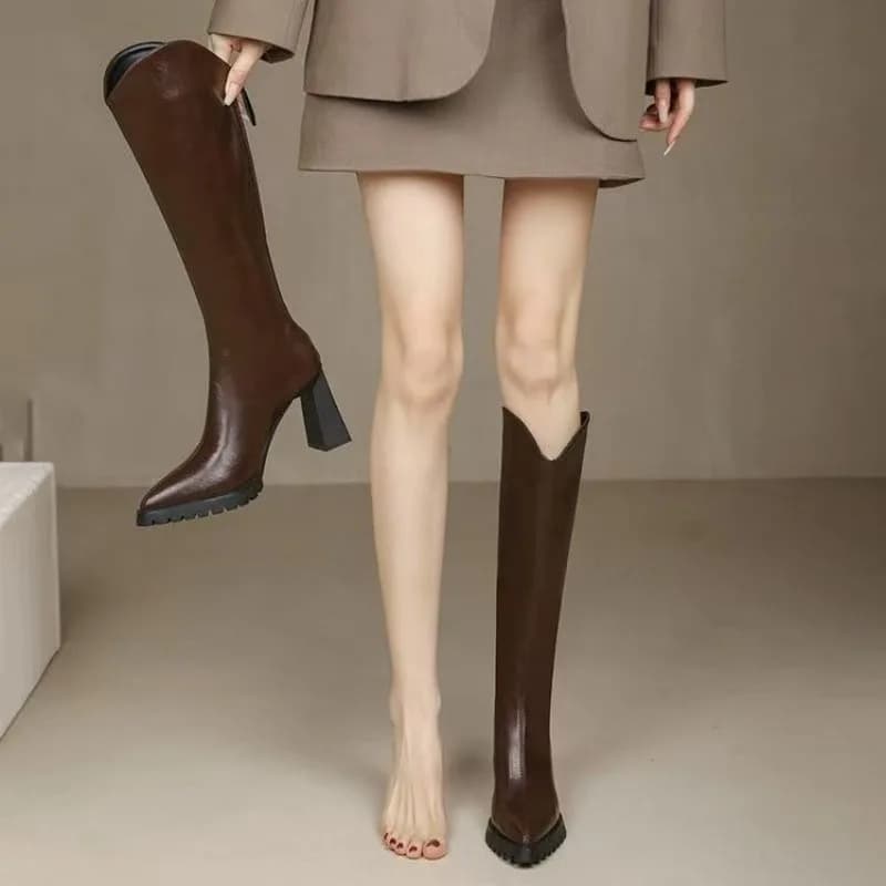 Stivali lunghi da donna con tacco elegante Tacchi alti in pelle Marrone Scarpe da donna con albero al ginocchio Punta a punta Impermeabile Y2k Chic New Rock Work