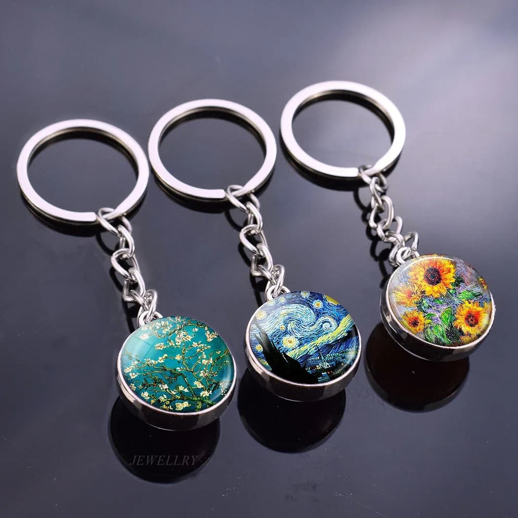 Van Gogh Crystal Ball Keychain Double Sided Glass Ball Cabochon Jewelry Oil Painting Starry Night Sky Sunflower Pendant Gifts