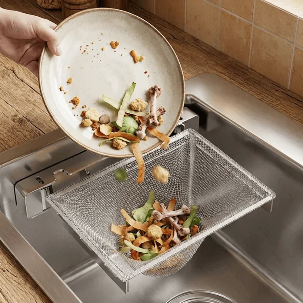 Carbon Steel Kitchen Sink Filter Rack Wall Mounted Folding Food Waste Filter Basket with 50pcs Filter Mesh Bag