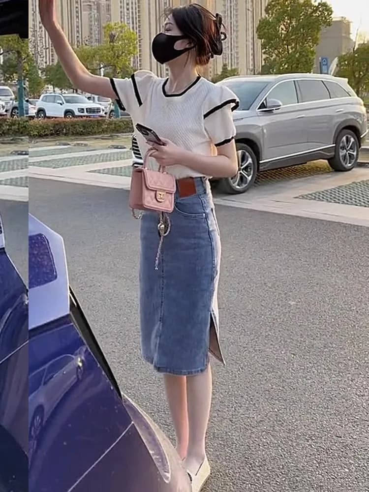 Gonna a vita alta a trapezio in denim morbido con spacco, sottile, estiva, alla moda, in misto poliestere, che copre la pancia e nasconde i fianchi