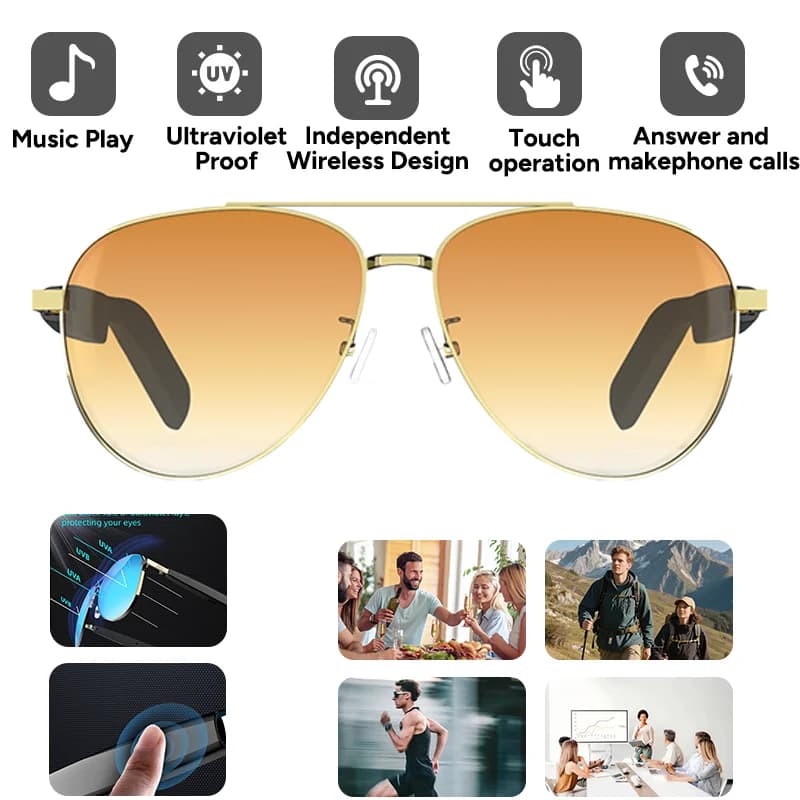 New Smart Bluetooth V5.4 Anti-touch UV Sunglasses Glasses Call Outdoor Sports Headphones HIFI Black Technology For Men And Wome